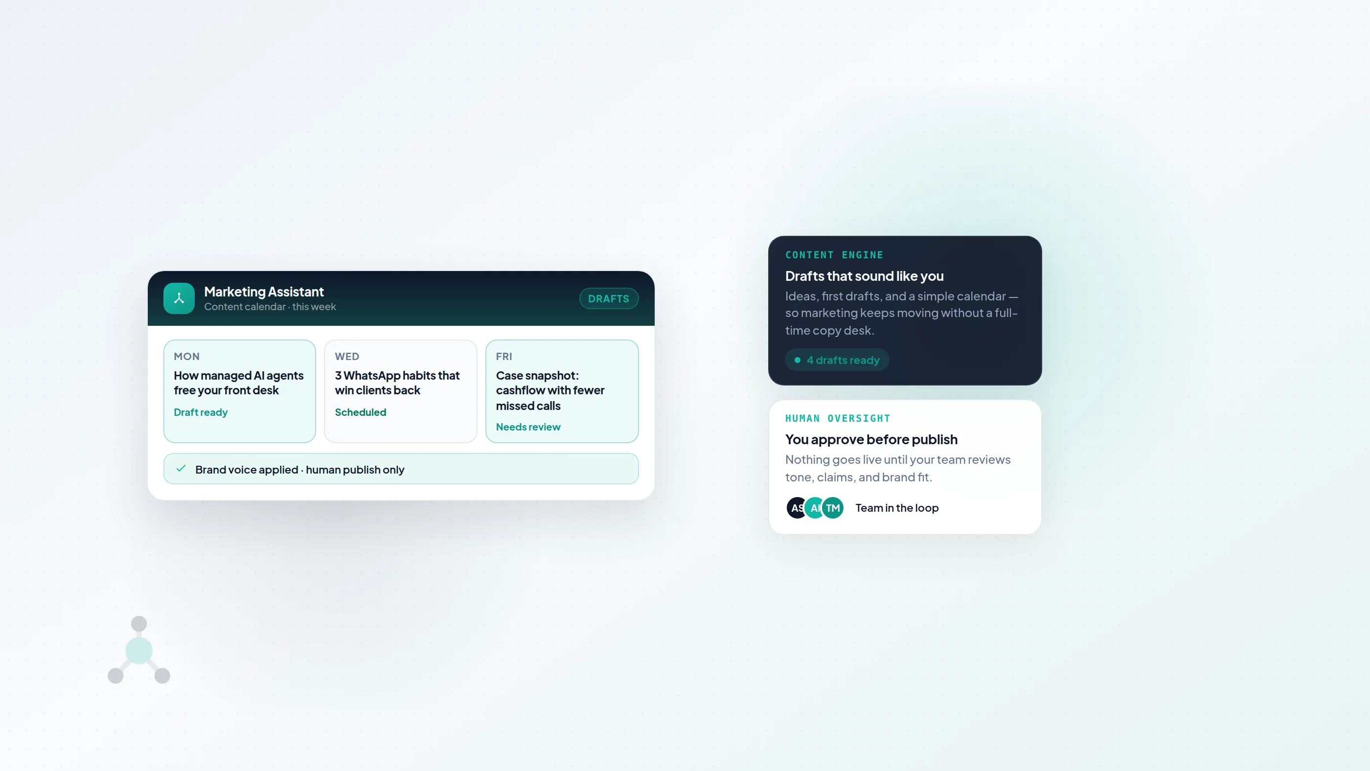 Illustration of an AI marketing assistant content calendar with draft posts, brand-safe copy suggestions, and scheduled publish slots.